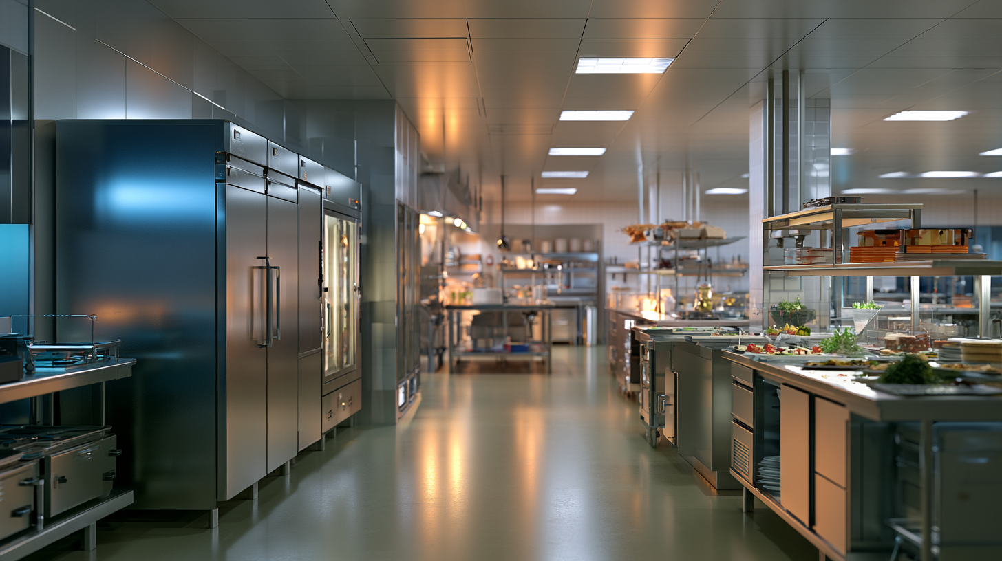Commercial hotel kitchen walk-in refrigeration corridor under continuous monitoring
