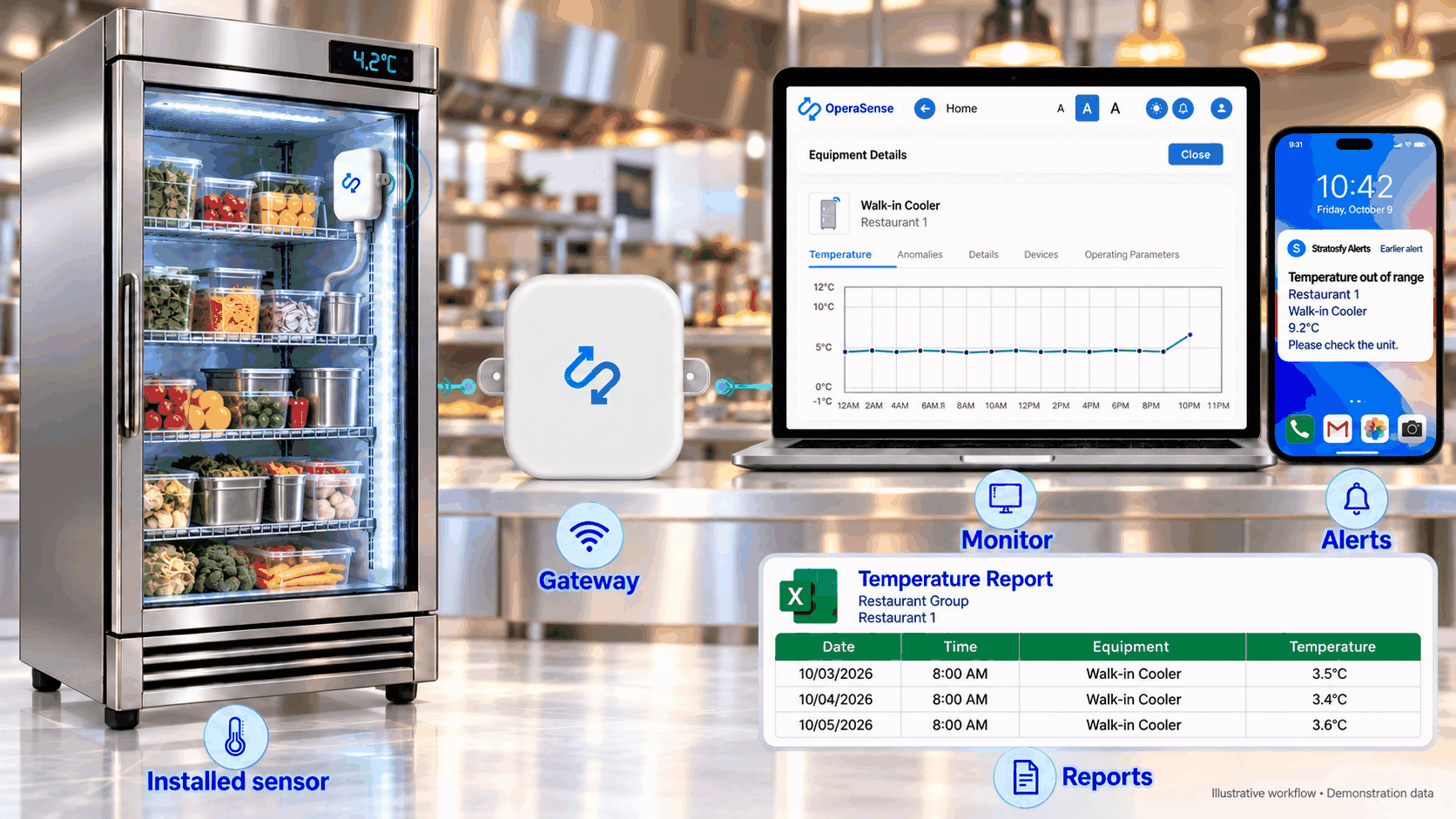 Illustrative restaurant workflow connecting an installed refrigerator sensor through a gateway to temperature monitoring, mobile alerts and reports.