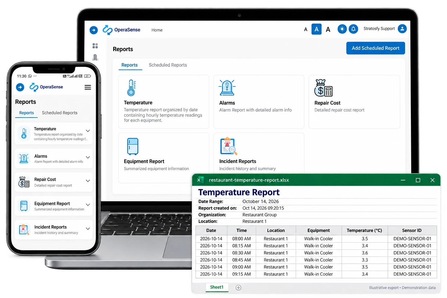 OperaSense reports on web and mobile with an illustrative temperature export for Restaurant 1.