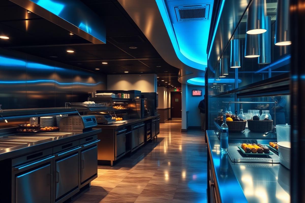 Casino resort food and beverage service area with stainless steel refrigerated prep units