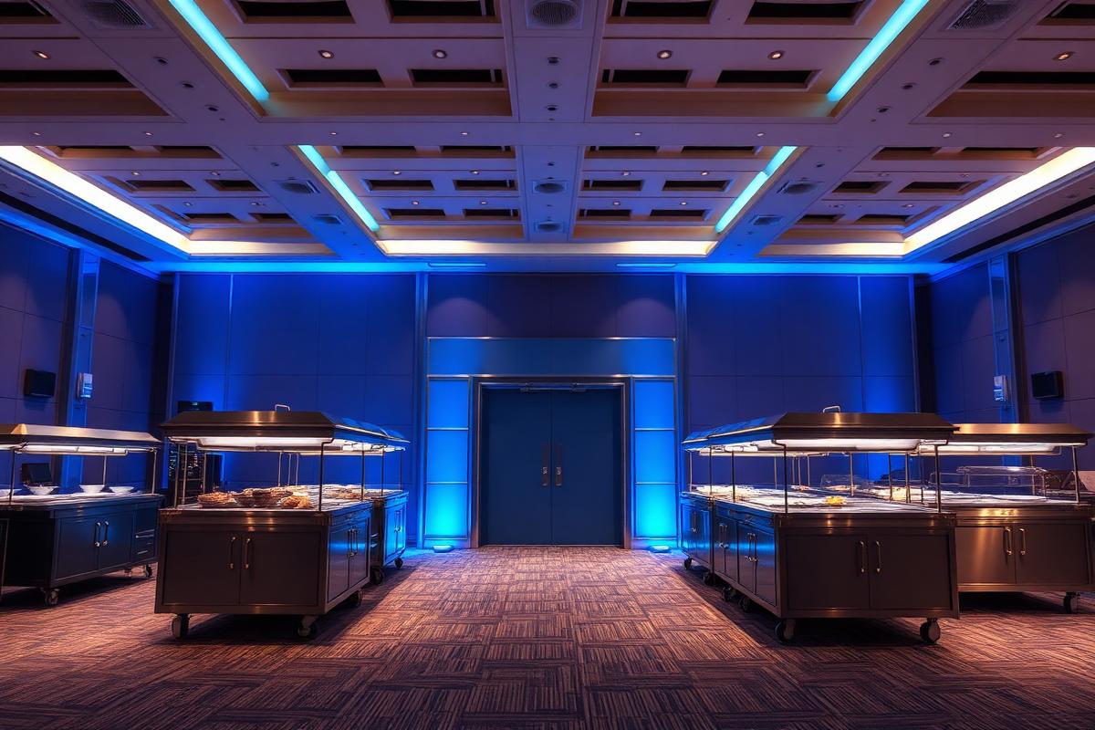 Convention centre banquet hall with large-scale catering service carts near the commercial kitchen