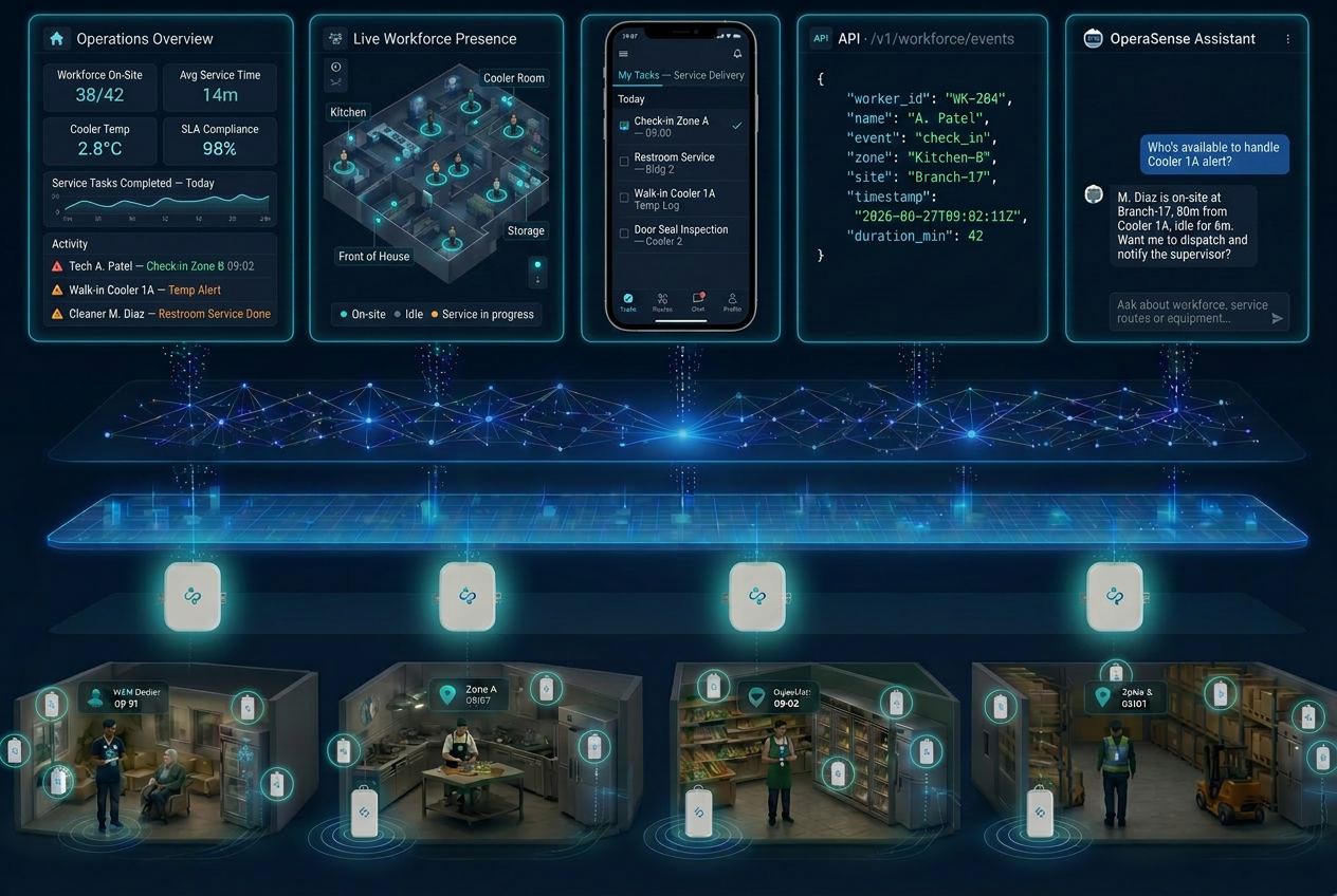 OperaSense platform architecture: connected devices, connectivity layer, operational memory, intelligence engine and applications